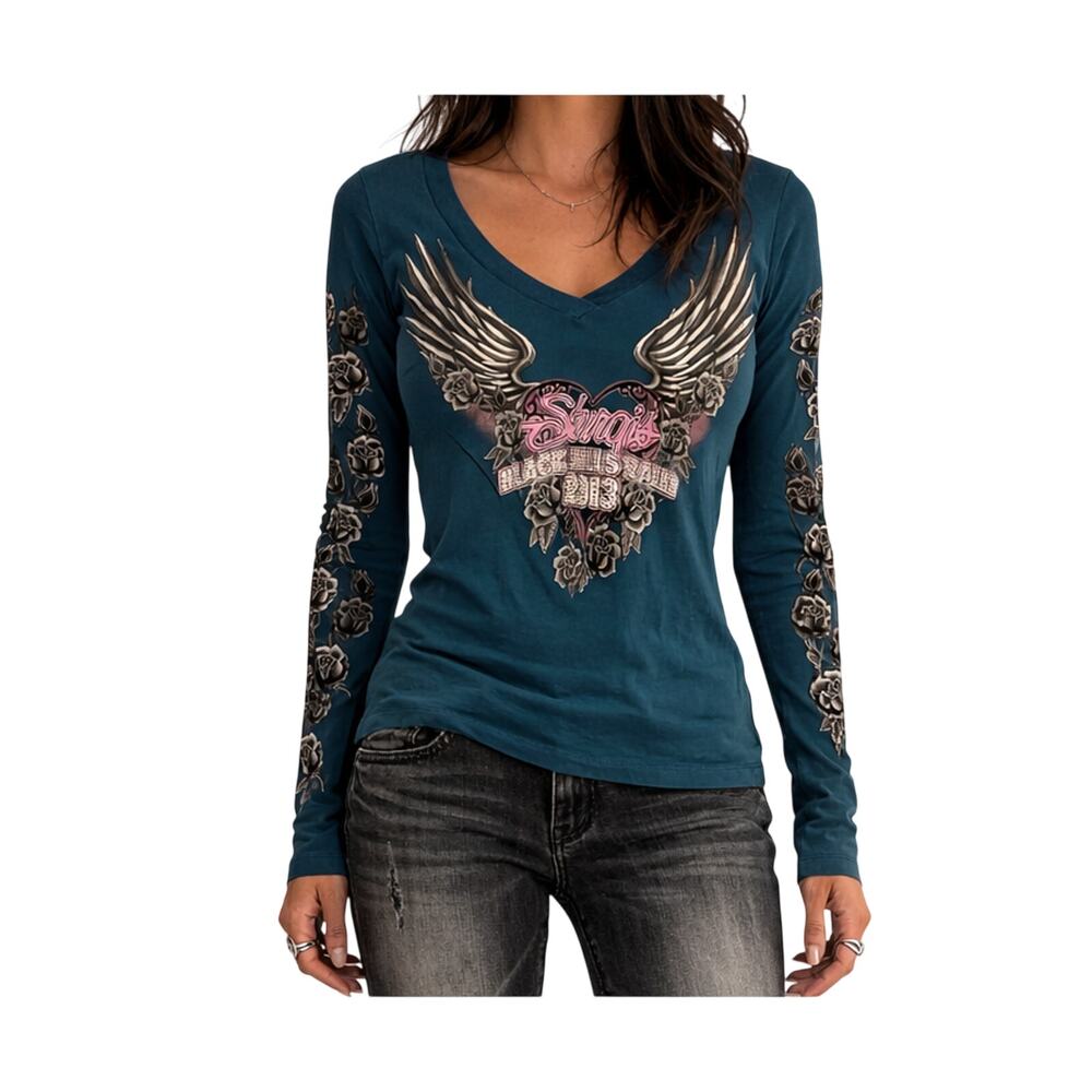 Hot Leathers Top Womens Size Small Sturgis 2013 Winged Heart Biker Shirt Snug